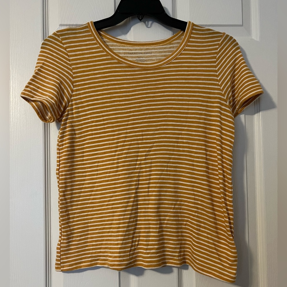 American eagle mustard yellow short sleeve tee with white stripes